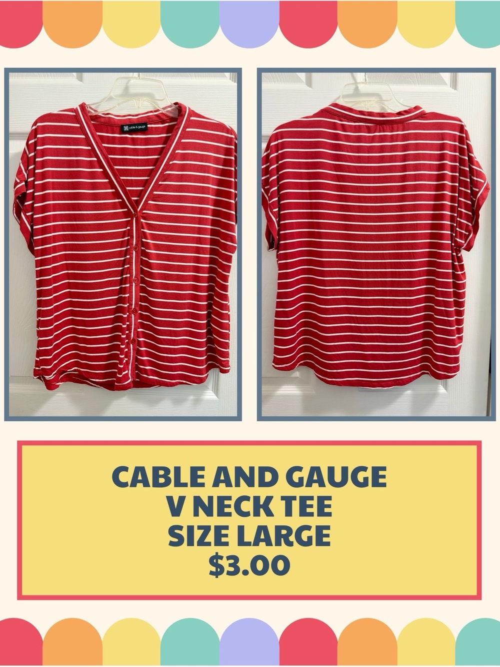 Cable & Gauge Red and White Striped V-Neck Tee